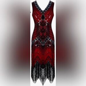 Red & Black Beaded Flapper Dress with Fringe